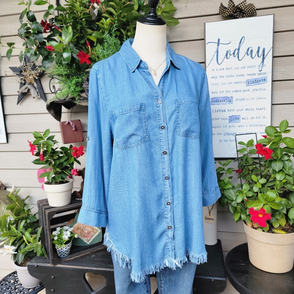 HESTER ORCHARD ♡ NWT Blue Soft 'n Sweet Thin Frayed Top w/Adjustable Sleeves S